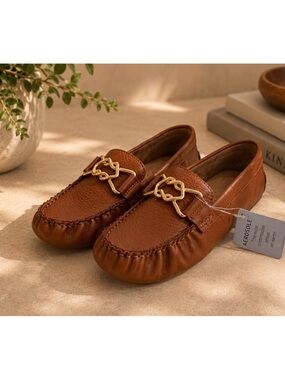 AEROSOLES Brown Leather Slip-On Loafers with Gold Chain Accent